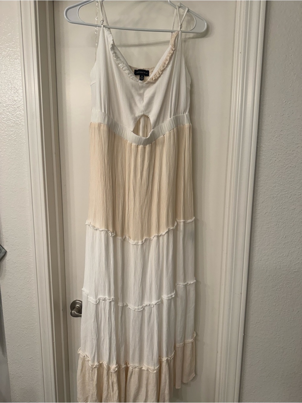 Tiered Cream and White Maxi Dress with Cutout Detail